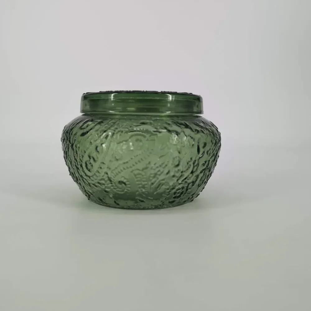 Empty Avocado Dark Green Candle Jar Container Bowl with Matching Glass Lid - GUC